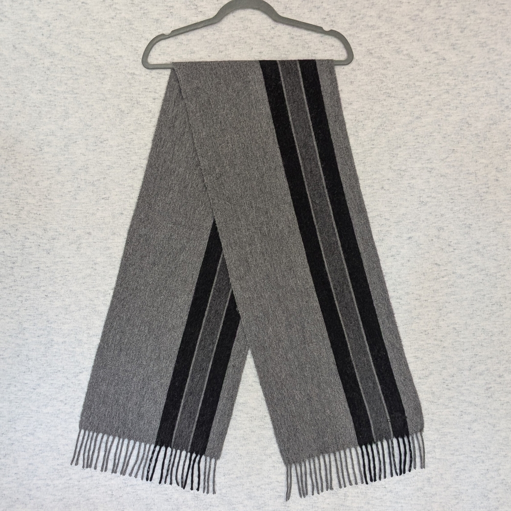COACH 90/10 Wool & Cashmere Striped Fringe Scarf - Grey/Black